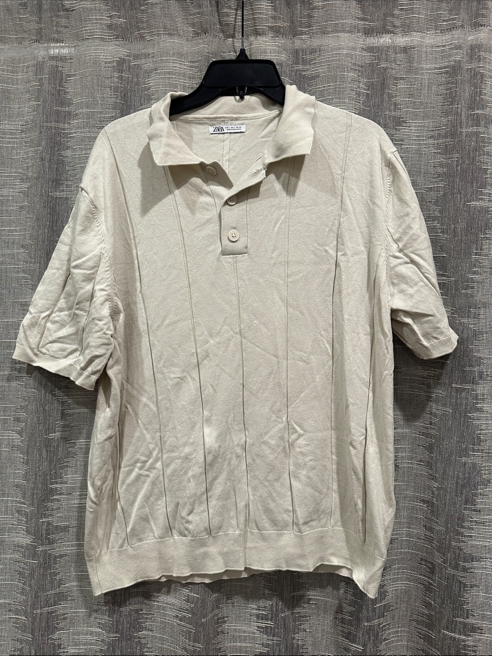 Zara Men Cream Short-Sleeve Polo with Subtle Vertical Texture